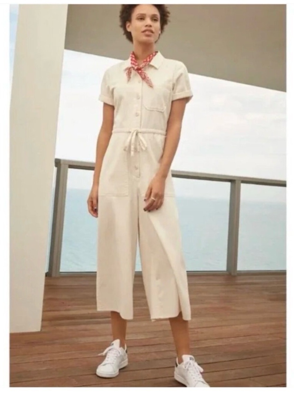 Madewell Cream Ecru Utility Jumpsuit Button Front Drawstring Waist Size 2